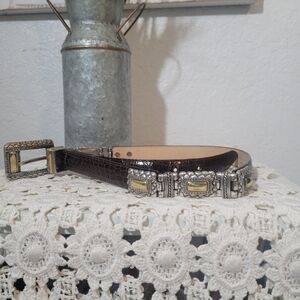 Brighton Brown Embossed Leather Womens Belt with Gold And Silver Accets Buckel M